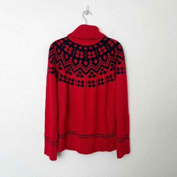 [Tommy Hilfiger] Red Black Fair Isle Nordic Print Chunky Turtleneck Sweater XL - Picture 3 of 12